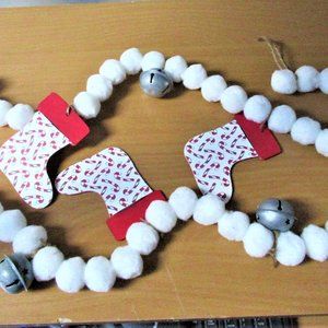 NEW Farmhouse Christmas stocking candy cane red  white pom pom garland 54" long